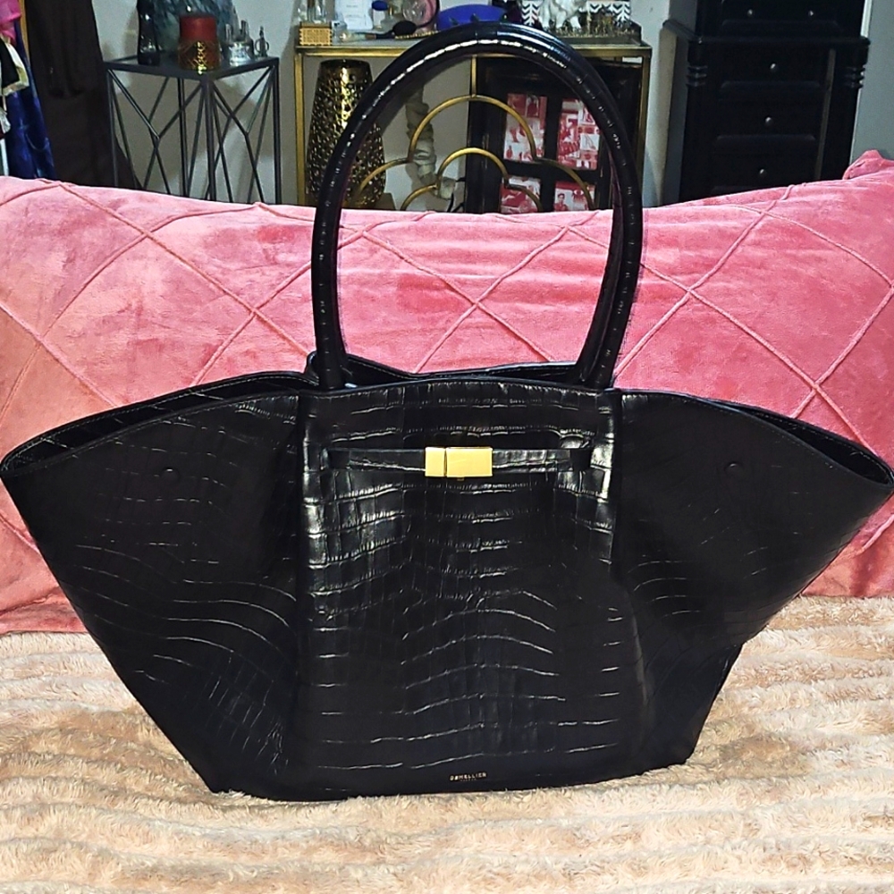 DeMellier Croc-Embossed Black Tote with Gold Detail